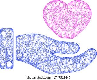 Web mesh favourite heart offer hand vector icon. Flat 2d carcass created from favourite heart offer hand pictogram. Abstract frame mesh polygonal favourite heart offer hand.