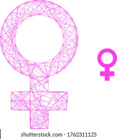 Web mesh female symbol vector icon. Flat 2d carcass created from female symbol pictogram. Abstract carcass mesh polygonal female symbol. Linear frame flat mesh in vector format, on a white background.