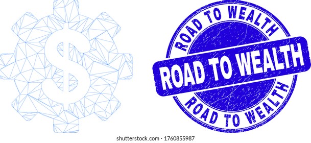 Web mesh financial settings icon and Road to Wealth seal stamp. Blue vector round textured seal stamp with Road to Wealth text.