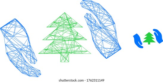 Icono vectorial de las manos de la malla web para el cuidado de los árboles. Cáscara plana de 2d creada a partir del pictograma de manos para el cuidado de los árboles de abeto. Malla de marco abstracta poligonal para el cuidado de árboles. Malla 2D de marco lineal en formato vectorial,