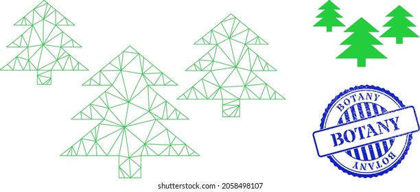 Web mesh fir tree forest vector icon, and blue round BOTANY textured seal. BOTANY stamp seal uses round form and blue color. Flat 2d model created from fir tree forest icon.