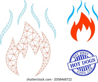 Web mesh fire with smoke vector icon, and blue round HOT DOGS textured stamp imitation. HOT DOGS stamp uses round form and blue color. Flat 2d model created from fire with smoke pictogram.