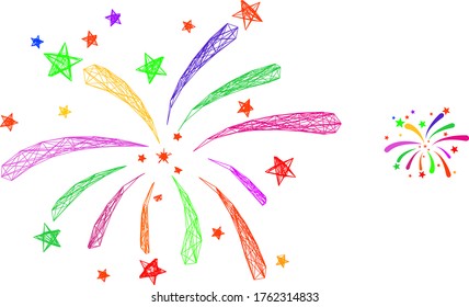 Web mesh fireworks vector icon. Flat 2d carcass created from fireworks pictogram. Abstract carcass mesh polygonal fireworks. Linear carcass 2D network in eps vector format, on a white background.