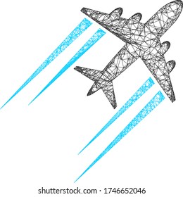 Web mesh flying airplane trace vector icon. Flat 2d carcass created from flying airplane trace pictogram. Abstract frame mesh polygonal flying airplane trace. Wire frame 2D mesh in vector format,
