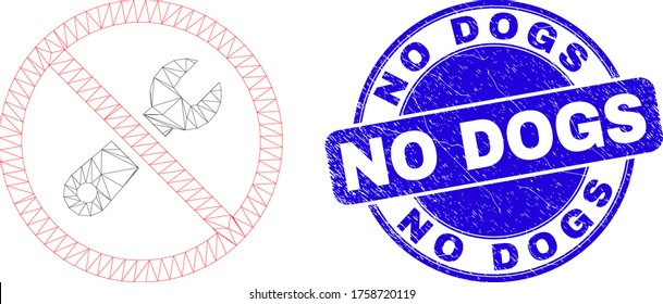 Web mesh forbidden repair pictogram and No Dogs watermark. Blue vector round grunge watermark with No Dogs caption. Abstract frame mesh polygonal model created from forbidden repair icon.