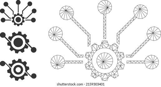 Web mesh gear connections vector icon, and bonus icons. Flat 2d carcass created from gear connections pictogram. Abstract frame mesh polygonal gear connections.