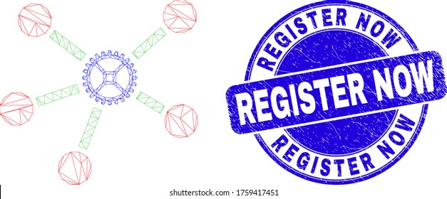 Web-Mesh-Gänge-Symbol und Jetzt Robbenstempel registrieren. Blauer Vektor Rundschleifer-Siegel mit Registrieren Jetzt Text. Abstraktes Polygonalmodell aus Karkasenmaschen, das aus dem Symbol für die Gabelverknüpfungen erstellt wurde.