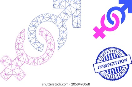 Símbolo vectorial de la confrontación de género de malla web y estampado de estampado de estampado de grunge de la COMPETITION redondo azul. El sello COMPETITION utiliza formas redondeadas y color azul.