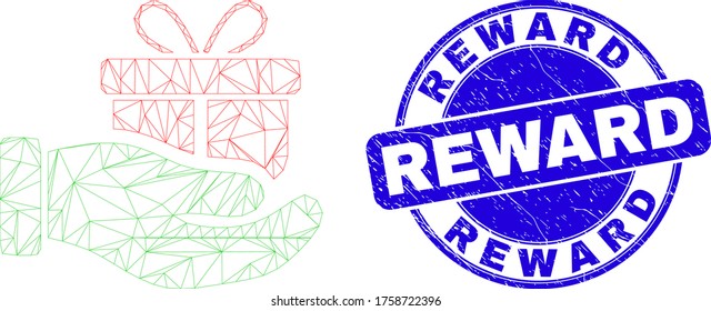 Icono de mano de regalo de malla web y sello de recompensa. Sello rayado de vector azul con título de recompensa. Resumen modelo poligonal de malla de la canal creado a partir del icono de la mano de regalo.