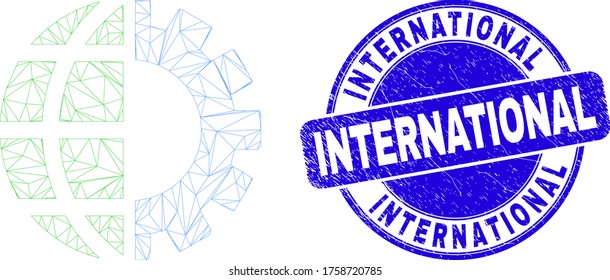 Icono de la industria global de malla web y sello de sello internacional. Estampilla de grunge redondeada de vector azul con leyenda internacional. Resumen modelo poligonal de malla de canal creado a partir del pictograma de la industria global.