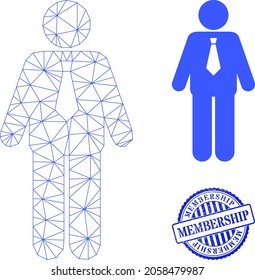 Icono vectorial de malla web y sello texturizado de MEMBERSHIP redondo azul. La marca de pertenencia utiliza formas redondeadas y color azul. Carcasa plana de 2d creada a partir del icono del novio. Resumen de malla de canal malla de malla poligonal.