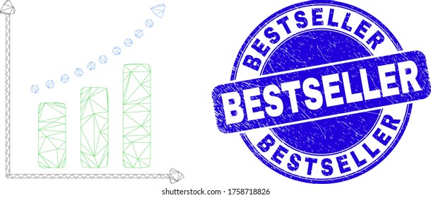 Web mesh growing chart pictogram and Bestseller stamp. Blue vector rounded grunge stamp with Bestseller title. Abstract carcass mesh polygonal model created from growing chart pictogram.