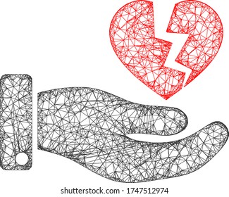 La mano de malla web ofrece un icono de vector de corazón roto. La canal plana 2d creada a partir de la mano ofrece pictograma cardíaco roto. Resumen La malla de la canal de la mano poligonal ofrece corazón roto.