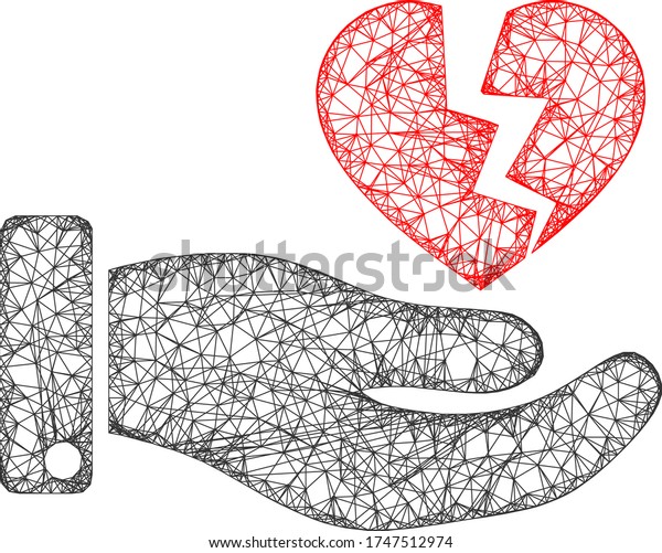 Web mesh hand offer\
broken heart vector icon. Flat 2d carcass created from hand offer\
broken heart pictogram. Abstract carcass mesh polygonal hand offer\
broken heart.