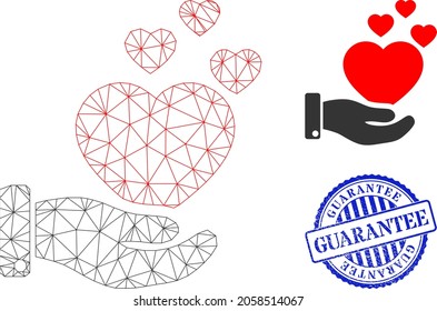 Web mesh hand offer love hearts vector icon, and blue round GUARANTEE unclean stamp seal. GUARANTEE seal uses round form and blue color. Flat 2d carcass created from hand offer love hearts icon.