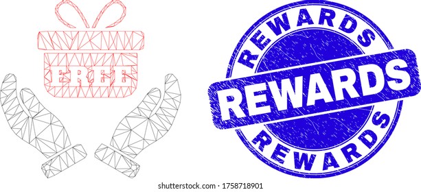 Web mesh hands give gift pictogram and Rewards seal stamp. Blue vector rounded distress seal stamp with Rewards phrase. Abstract frame mesh polygonal model created from hands give gift icon.