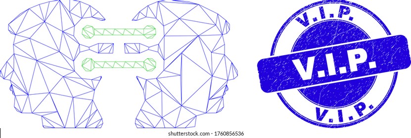 Web mesh head enlaza icono de integración y V.I.P. sello. Sello de grano redondo vector azul con V.I.P. de %PRODUCTNAME. Resumen modelo poligonal de malla de marco creado a partir del icono de integración de enlaces de cabeza.