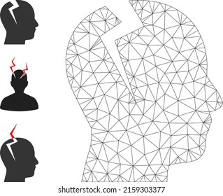 Web mesh head migrain ache vector icon, and original icons. Flat 2d carcass created from head migrain ache pictogram. Abstract carcass mesh polygonal head migrain ache.