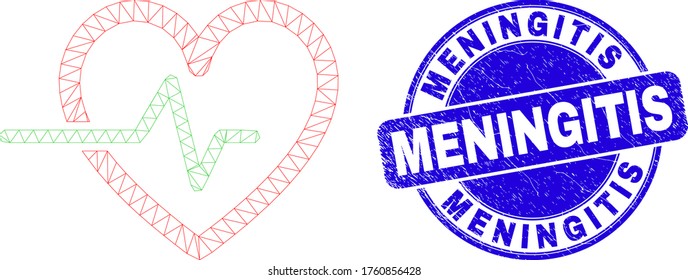 Web mesh heart pulse icon and Meningitis seal. Blue vector round grunge seal stamp with Meningitis phrase. Abstract frame mesh polygonal model created from heart pulse icon.