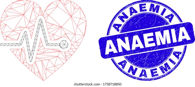Web mesh heart pulse pictogram and Anaemia seal stamp. Blue vector round scratched seal with Anaemia text. Abstract carcass mesh polygonal model created from heart pulse pictogram.