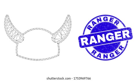 Web mesh horned helmet icon and Ranger seal stamp. Blue vector rounded grunge seal with Ranger phrase. Abstract carcass mesh polygonal model created from horned helmet icon.