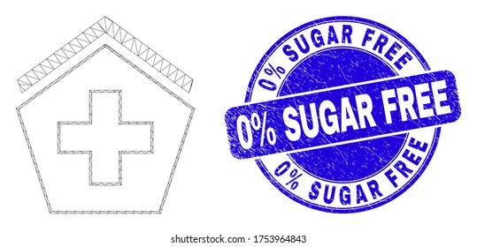 Web mesh hospital icon and 0% Sugar Free seal. Blue vector round distress seal with 0% Sugar Free phrase. Abstract frame mesh polygonal model created from hospital icon.