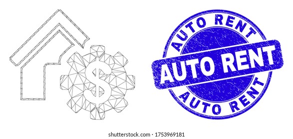 Web mesh house financial settings icon and Auto Rent seal stamp. Blue vector rounded scratched seal stamp with Auto Rent caption.