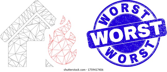 Web mesh house fire disaster icon and Worst seal. Blue vector rounded grunge seal with Worst title. Abstract carcass mesh polygonal model created from house fire disaster pictogram.