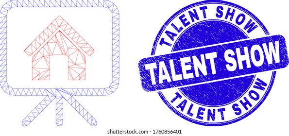 Web Mesh House Project Board Icon And Talent Show Watermark. Blue Vector Rounded Grunge Watermark With Talent Show Caption.
