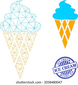 Web mesh icecream vector icon, and blue round ICE CREAM grunge watermark. ICE CREAM seal uses round form and blue color. Flat 2d carcass created from icecream icon.