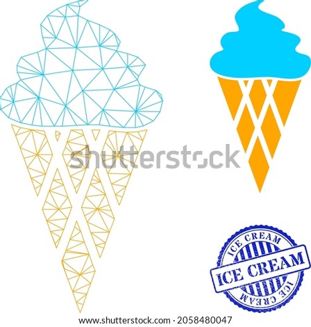 Web mesh icecream vector icon, and blue round ICE CREAM grunge watermark. ICE CREAM seal uses round form and blue color. Flat 2d carcass created from icecream icon.