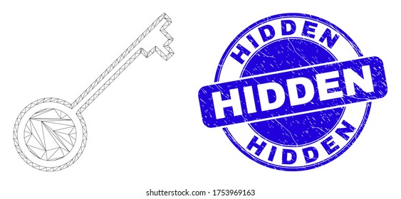 Web mesh key icon and Hidden stamp. Blue vector round scratched seal stamp with Hidden message. Abstract carcass mesh polygonal model created from key icon.