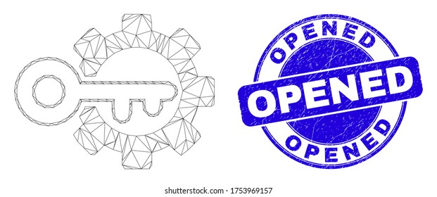 Web mesh key options gear pictogram and Opened seal. Blue vector rounded scratched seal with Opened phrase. Abstract carcass mesh polygonal model created from key options gear pictogram.