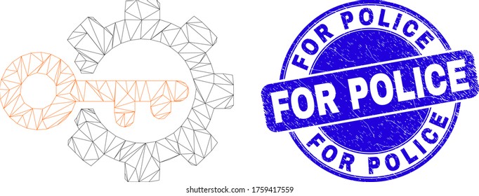 Web Mesh Key Options Gear Icon And For Police Seal Stamp. Blue Vector Round Distress Seal Stamp With For Police Caption. Abstract Carcass Mesh Polygonal Model Created From Key Options Gear Pictogram.