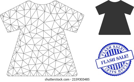 La señora de malla web viste icono vectorial y FLASH SALE azul redondo. sello rayado. VENTA FLASH. el sello de sello usa forma redonda y color azul. Modelo 2d plano creado a partir del icono de la ropa de señora.