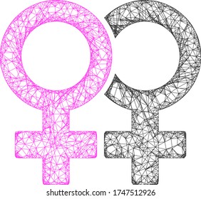 Web mesh lesbian couple symbol vector icon. Flat 2d model created from lesbian couple symbol pictogram. Abstract carcass mesh polygonal lesbian couple symbol.
