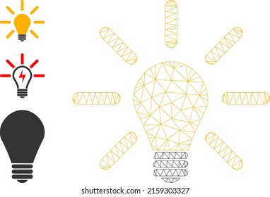 Web mesh light bulb vector icon, and additional icons. Flat 2d carcass created from light bulb pictogram. Abstract carcass mesh polygonal light bulb. Wire carcass flat mesh in eps vector format,