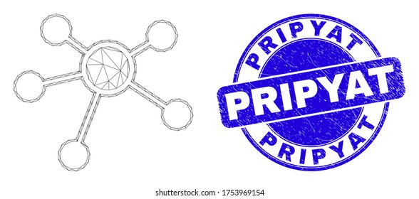 Web mesh links pictogram and Pripyat stamp. Blue vector rounded scratched stamp with Pripyat title. Abstract carcass mesh polygonal model created from links pictogram.