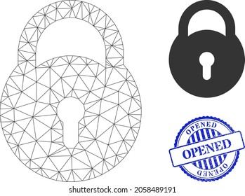 Web mesh lock vector icon, and blue round OPENED scratched stamp seal. OPENED seal uses round shape and blue color. Flat 2d carcass created from lock pictogram. Abstract carcass mesh polygonal lock.