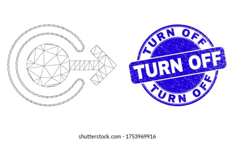 Web mesh logout icon and Turn Off seal stamp. Blue vector rounded distress seal stamp with Turn Off message. Abstract frame mesh polygonal model created from logout icon.