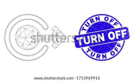Web mesh logout icon and Turn Off seal stamp. Blue vector rounded distress seal stamp with Turn Off message. Abstract frame mesh polygonal model created from logout icon.