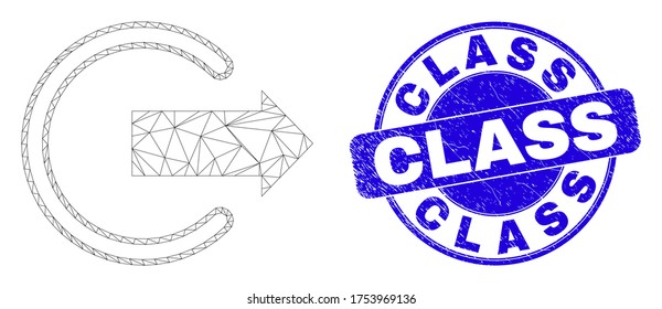 Web mesh logout pictogram and Class seal. Blue vector round distress seal with Class message. Abstract carcass mesh polygonal model created from logout pictogram. Wire frame 2D mesh in vector format.