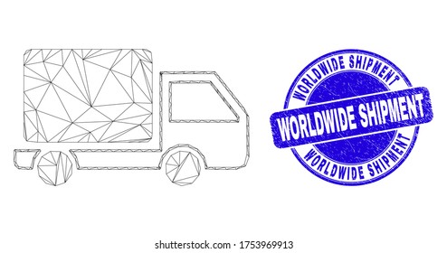 Web mesh lorry icon and Worldwide Shipment seal stamp. Blue vector round scratched stamp with Worldwide Shipment caption. Abstract carcass mesh polygonal model created from lorry icon.