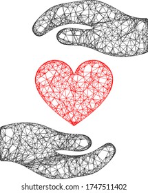 Web mesh love heart hands protection vector icon. Flat 2d carcass created from love heart hands protection pictogram. Abstract frame mesh polygonal love heart hands protection.