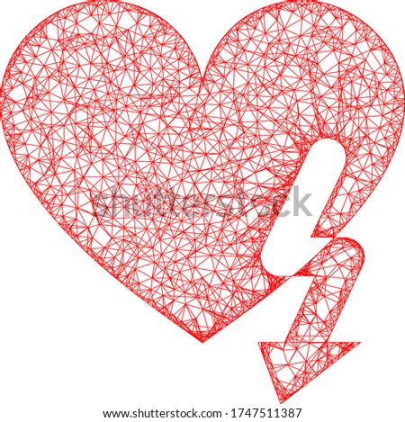 Web mesh love heart strike vector icon. Flat 2d carcass created from love heart strike pictogram. Abstract carcass mesh polygonal love heart strike. Linear carcass 2D network in vector EPS format,