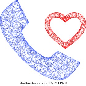 Icono vectorial del receptor del teléfono de amor de malla web. Cáscaras planas de 2d creadas a partir del pictograma del receptor del teléfono de amor. Resumen de la malla de la canal receptor de teléfono de amor poligonal. Red 2D de canales de cable en formato vectorial,