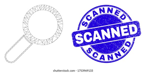 Pictograma de la herramienta de ampliación de malla web y sello de sello escaneado. Sello de distrés redondo del vector azul con mensaje escaneado. Resumen modelo poligonal de malla de canal creado a partir del pictograma de herramienta de ampliación.