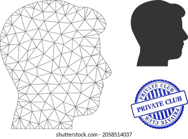 Web mesh man head profile vector icon, and blue round PRIVATE CLUB corroded stamp. PRIVATE CLUB watermark uses round template and blue color. Flat 2d carcass created from man head profile pictogram.