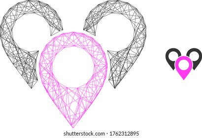 Web mesh map marker group vector icon. Flat 2d carcass created from map marker group pictogram. Abstract carcass mesh polygonal map marker group. Linear carcass 2D mesh in eps vector format,