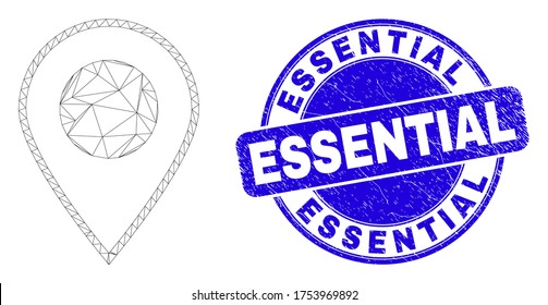 Web mesh map marker pictogram and Essential stamp. Blue vector round grunge stamp with Essential message. Abstract frame mesh polygonal model created from map marker pictogram.